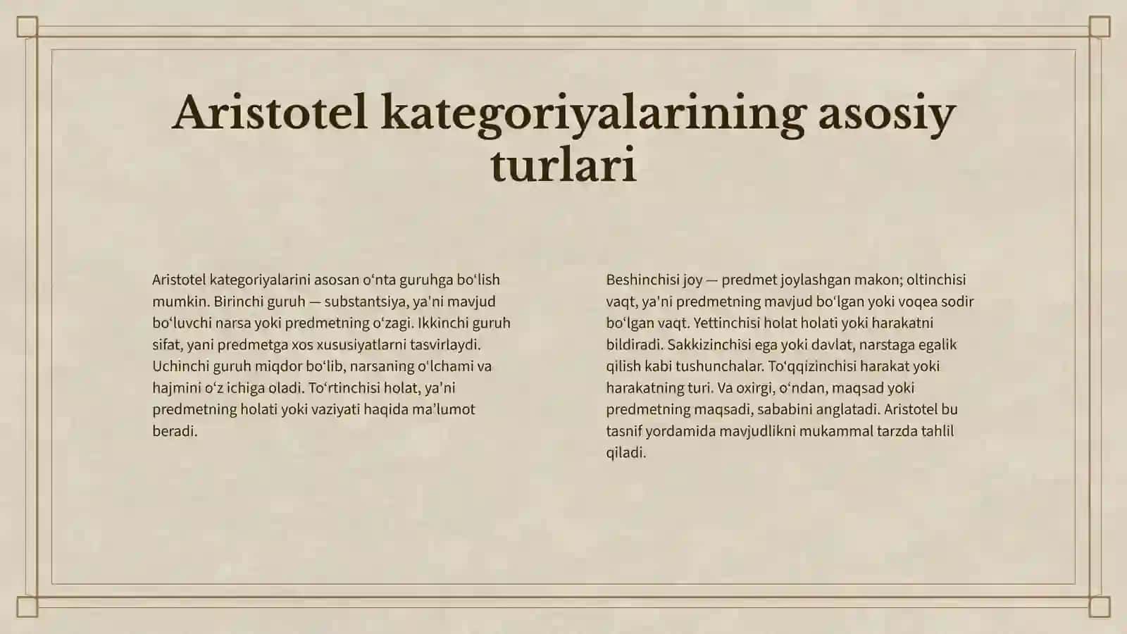 ARISTOTEL, FAROBIY VA KANT ONTOLOGIYASIDA KATEGORIYALARNING TASNIFI 4