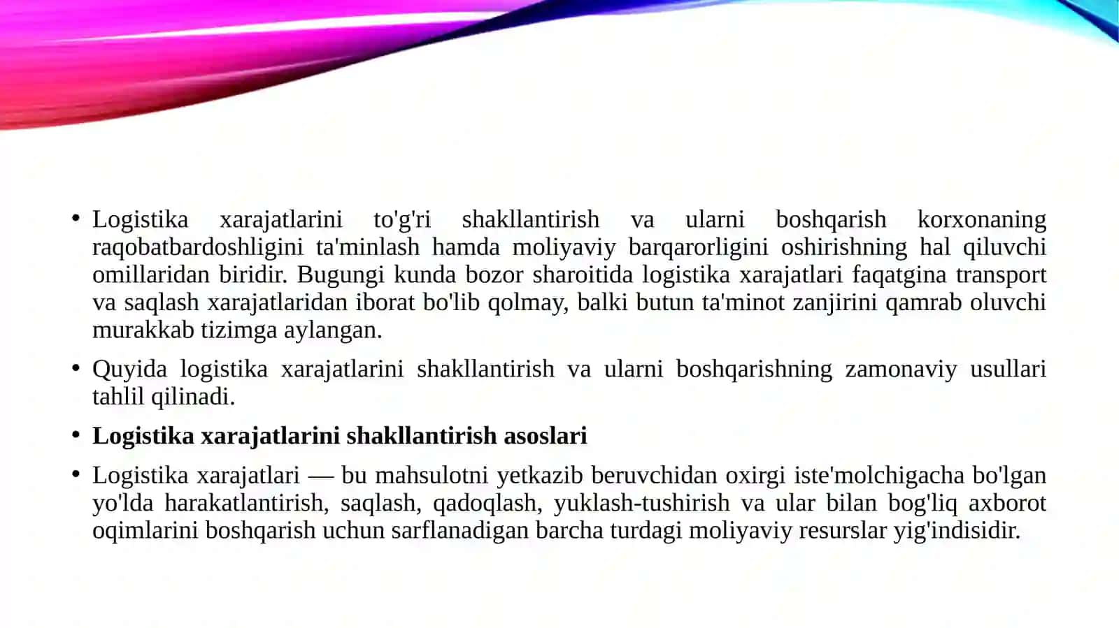 Logistika xarajatlarini shakllantirish va ularni boshqarishning zamonaviy usullari 4