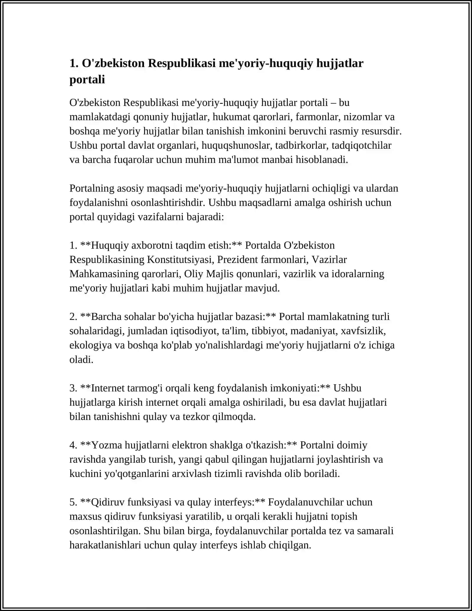 O'ZBEKISTON RESPUBLIKASI MEYORIY-HUQUQIY BAZALARI PORTALLARI BILAN ISHLASH 4