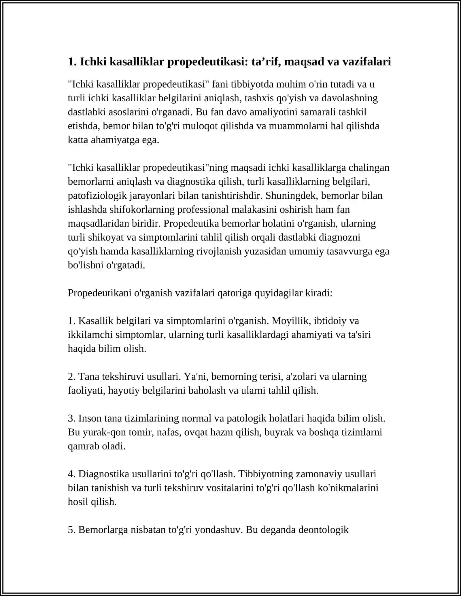 ICHKI ISHLAB CHIQARISH PROPEDEVTIKASI FANINING TARIFI, MAKSAD VA AVTOMOBILI. BEMORNI UCHUN STANDART USULLAR 4