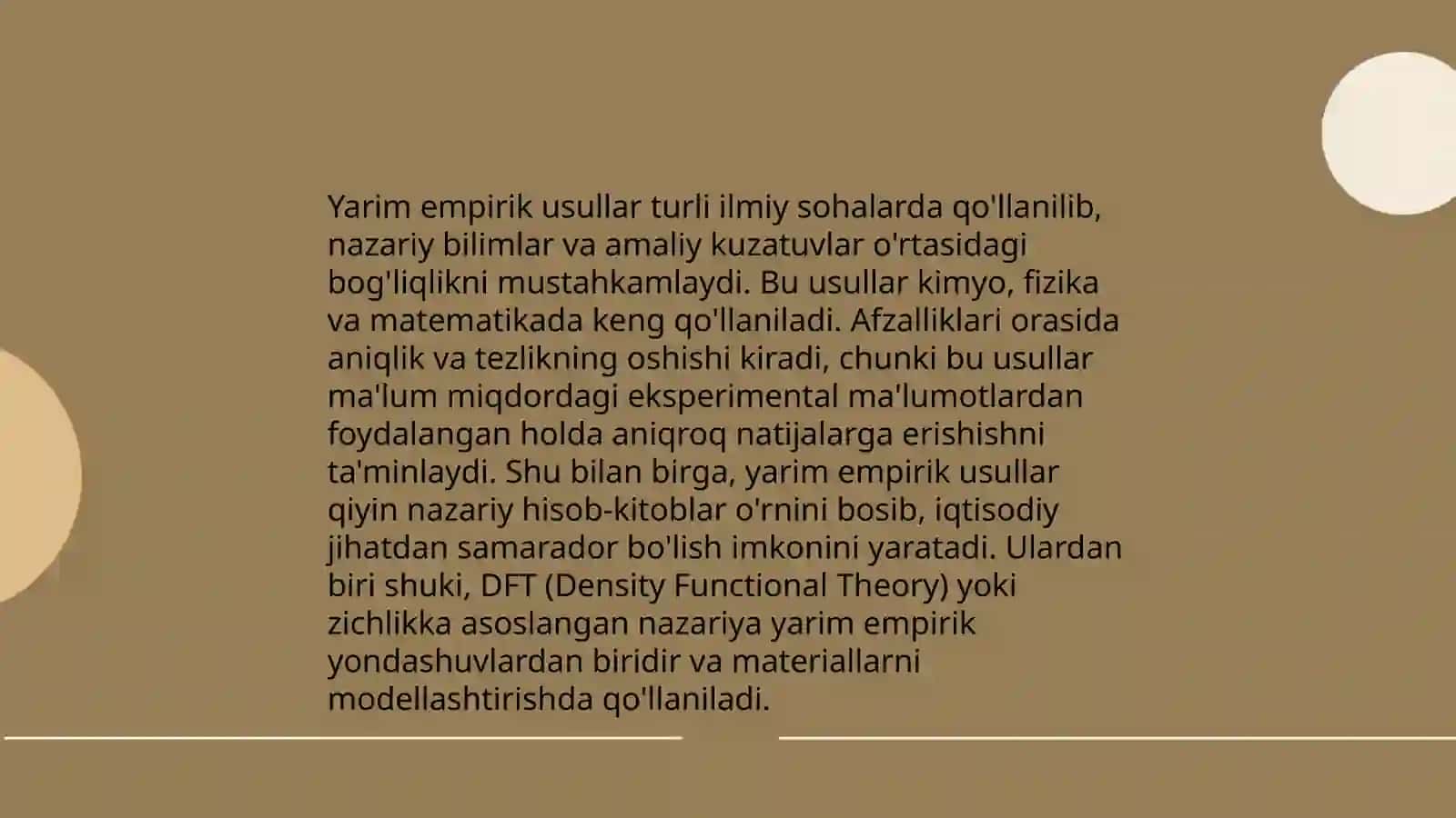 Yarim empirik usullarining kimyoviy yechimida qoʻllanilishi.Noempirik hisoblash usullari.Zamonaviy hisoblashlardagi bazis toʻplamlar. Zichlik funksionali nazariyasiga (DFT) asoslangan hisoblash usullari va majmualari 4