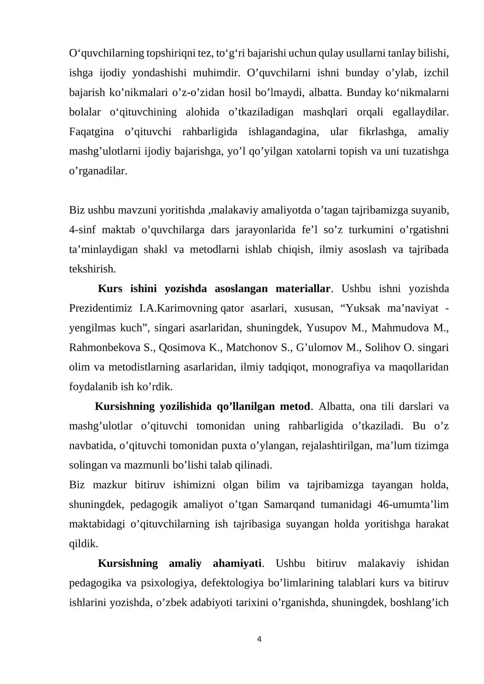 BOSHLANG’ICH SINFLARDA ONA TILI VA O’QISH SAVODXONLIGI DARSLARIDA HARAKATNI BILDIRUVCHI SO’ZLARGA OID BILIMLARNI O’RGATISH METODIKASI 2026 YIL 4