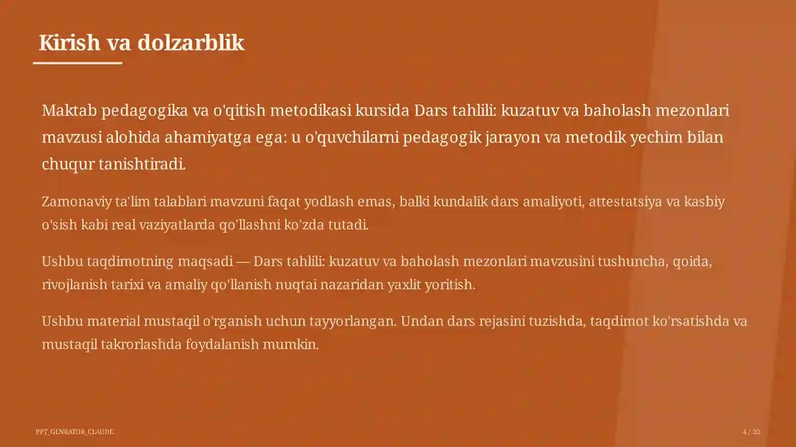 Dars tahlili: kuzatuv va baholash mezonlari 4