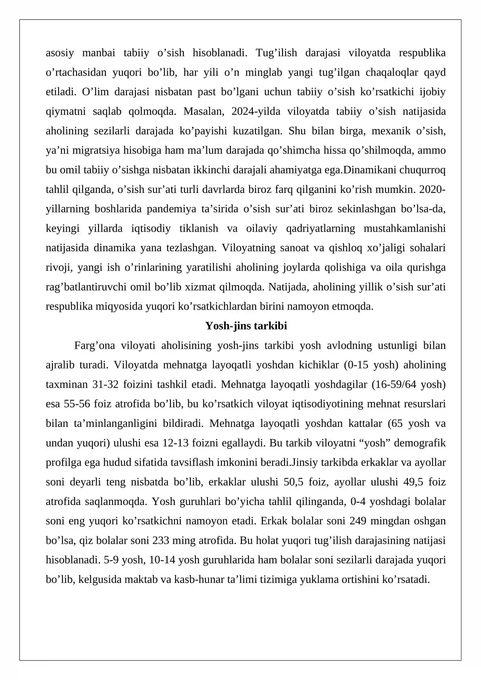 Farg’ona viloyati aholi soni va tarkibi, mehnat resurslari, mehnat bozori dinamikasini mustaqil o’rganish va statistik tahlil etish 4
