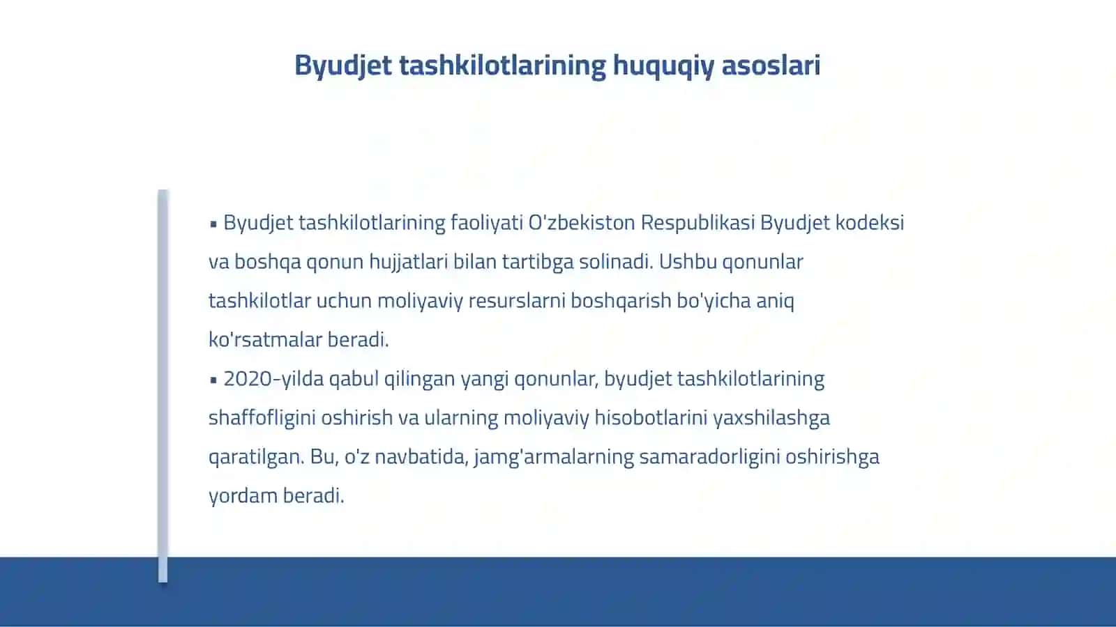 Byudjet tashkilotlarining byudjetdan tashqari jamgʻarmalari hisobi va auditining huquqiy asoslari 4
