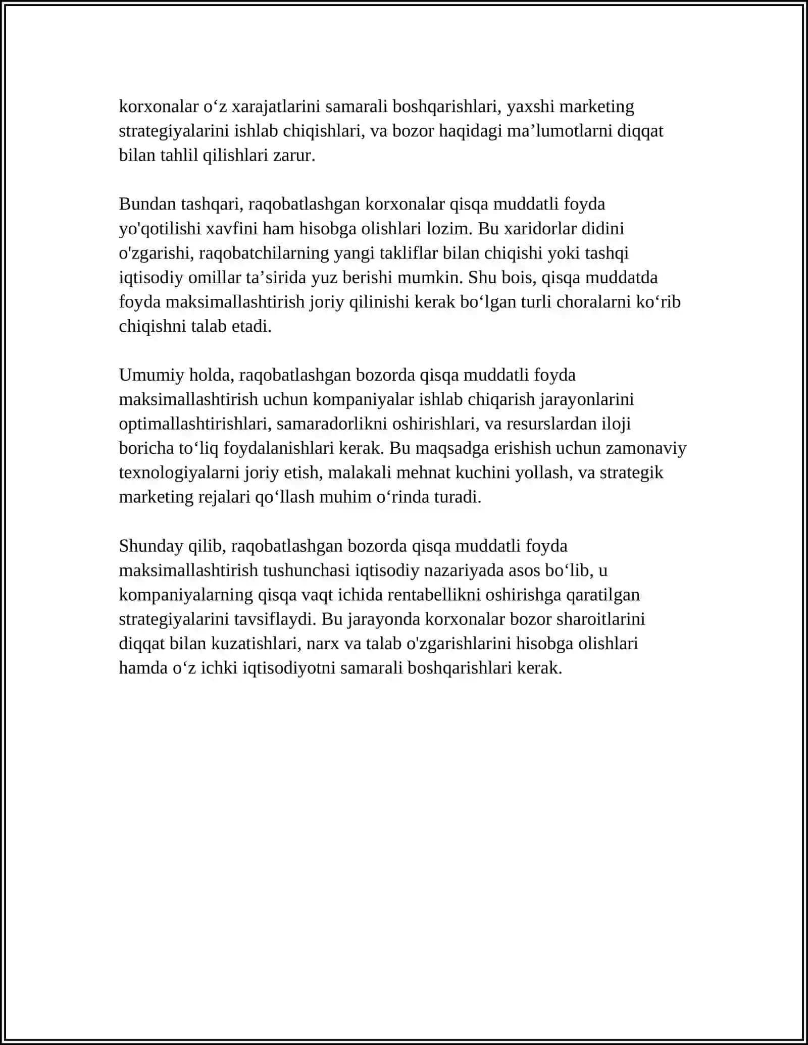 RAQOBATLASHGAN BOZORDA, QISQA MUDDATLI ORALIQDA FIRMA FOYDASINI MAKSIMALLASHTIRISH VA UNING TAKLIFI 4
