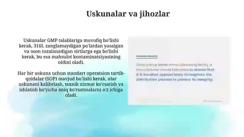 Kimyo-farmasevtika korxonalari va ishchi-xodimlarga qoʻyiladigan talablar. GMP 4