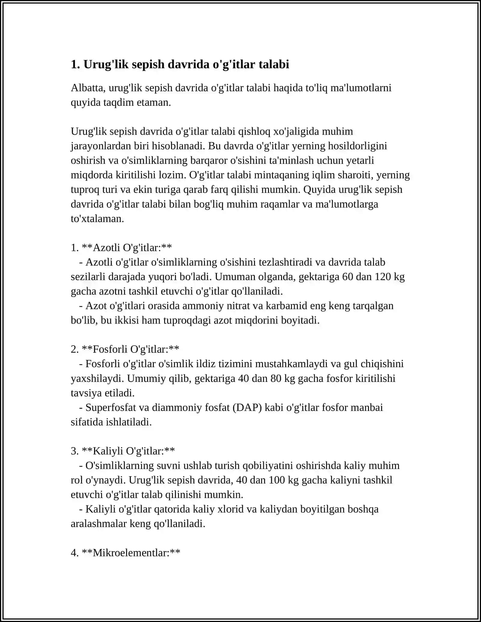 G'O'ZA O'SIMLIGINI VEGETATSIYA DAVRLARI USHBU DAVRLARDA MINERAL O'ĞITLARGA TALABI 4