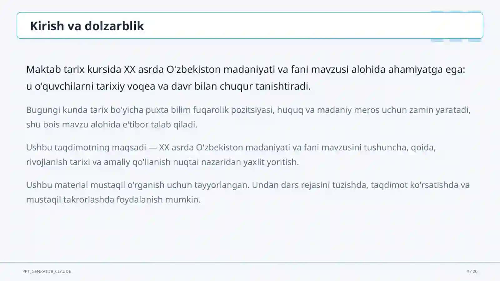 XX asrda O'zbekiston madaniyati va fani (10-sinf) 4
