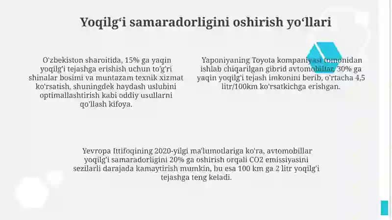Transport vositalarining atrof-muhitga tasirini kamaytirish usullari va vositalari 4