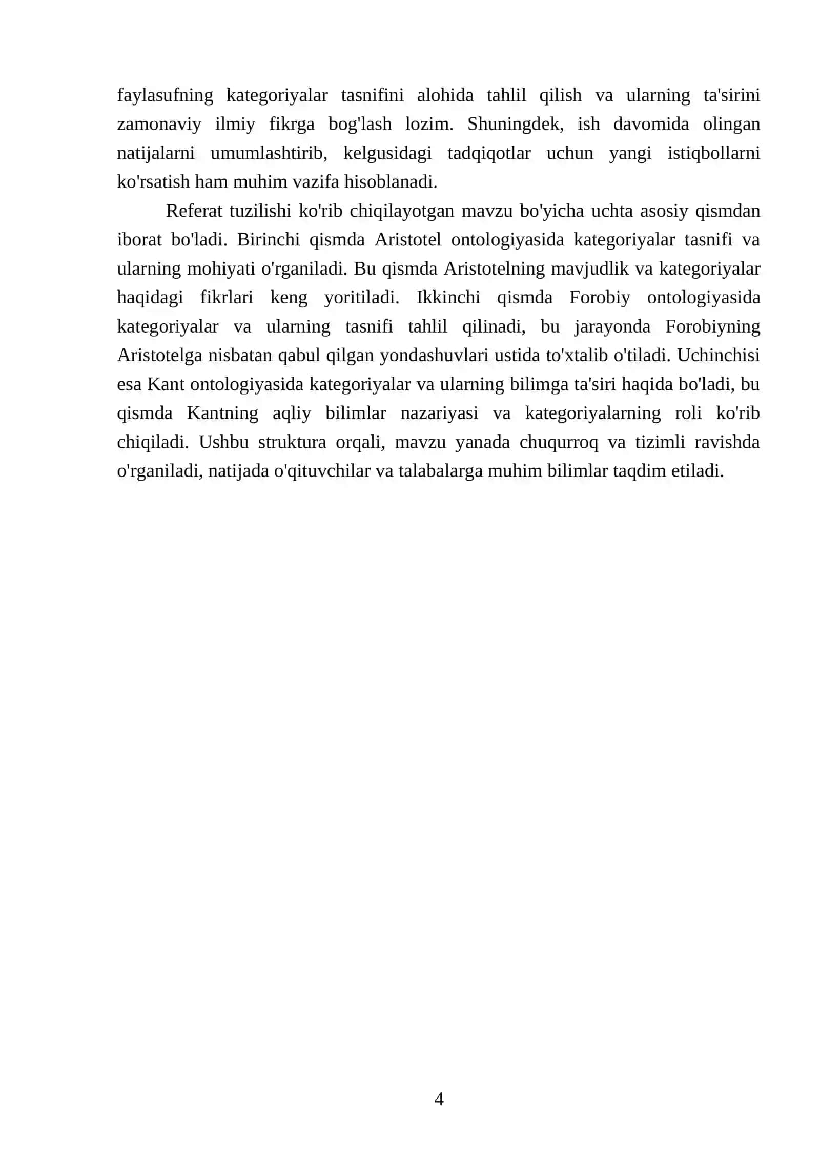 Aristotel, Forobiy va Kant ontologiyasida kategoriyalar tasnifi 4