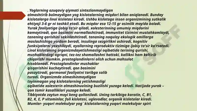 Ovqat tarkibidagi va inson organizmidagi lipidlar tasnifi qurilish va ularning organizmdagi ahamiyati 4