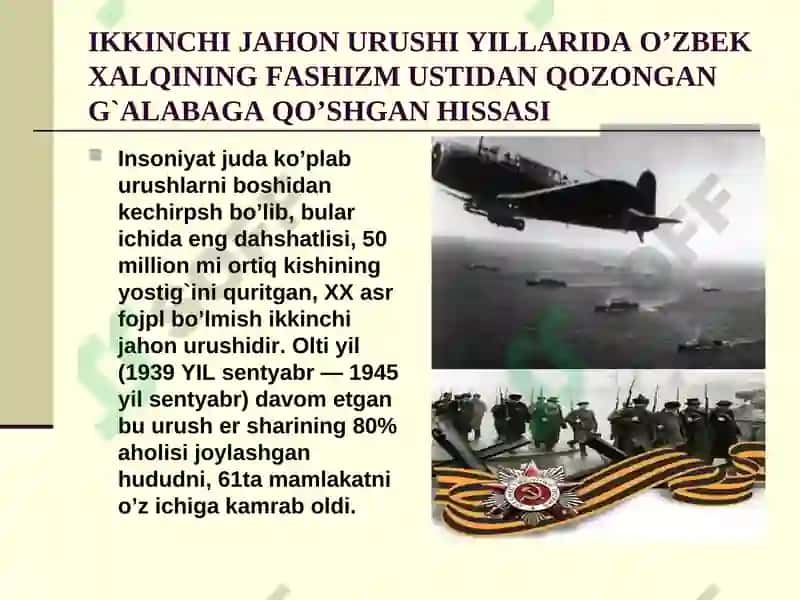 Ikkinchijahonurushi yillaridao’zbek xalqiningfashizm ustidanqozongan g`alabaga qo’shganhissasi 4