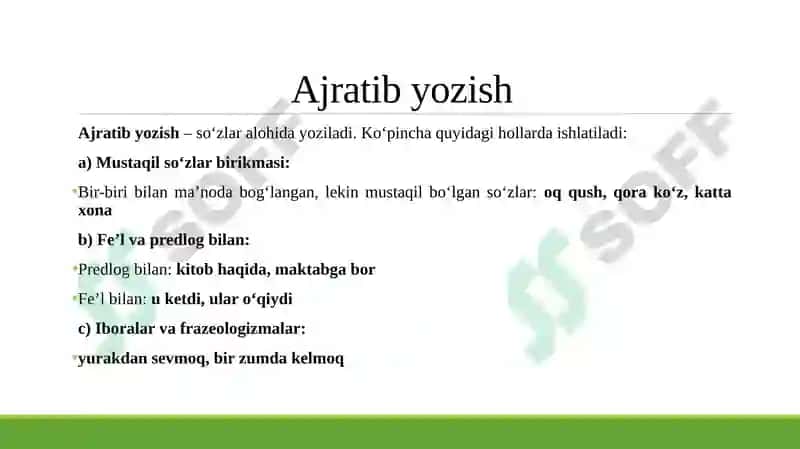 O‘zbek tilining asosiy imlo qoidalari. Qo'shib yozish. Ajratib yozish. Chiziqcha bilan yozish 4