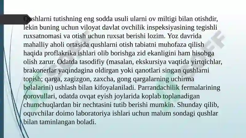 Qushlar sinfining turli sistematik guruhlaridan preparat tayyorlash. 4