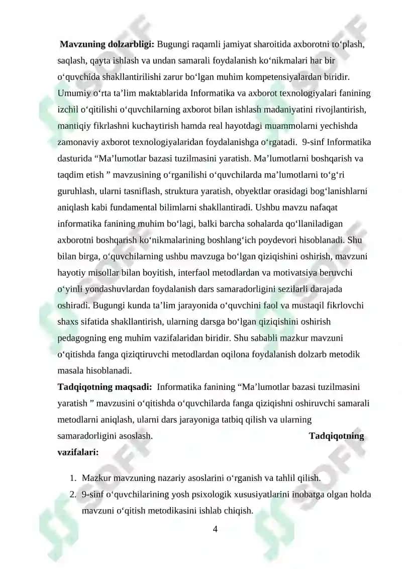 Umumiy o’rta ta’lim maktablarining 9-sinfida Informatika va AT fanidan “Ma’lumotlar bazasi tuzilmasini yaratish. Ma’lumotlarni boshqarish va taqdim etish” mavzusini o‘qitishda interfaol metodlardan foydalanish 4