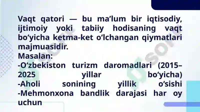 Vaqt qatorlar, avtokorrelyatsiya va qisman avtokorrelyatsiya funksiyalari. 4