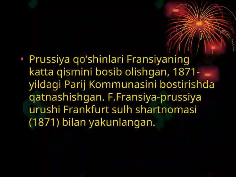Fransiya – Prussiya urushi va Germaniyaning birlashtirilishining tugallanishi. XIX asrning 70-yillarida Bismark hukumatining ichki siyosati. 4