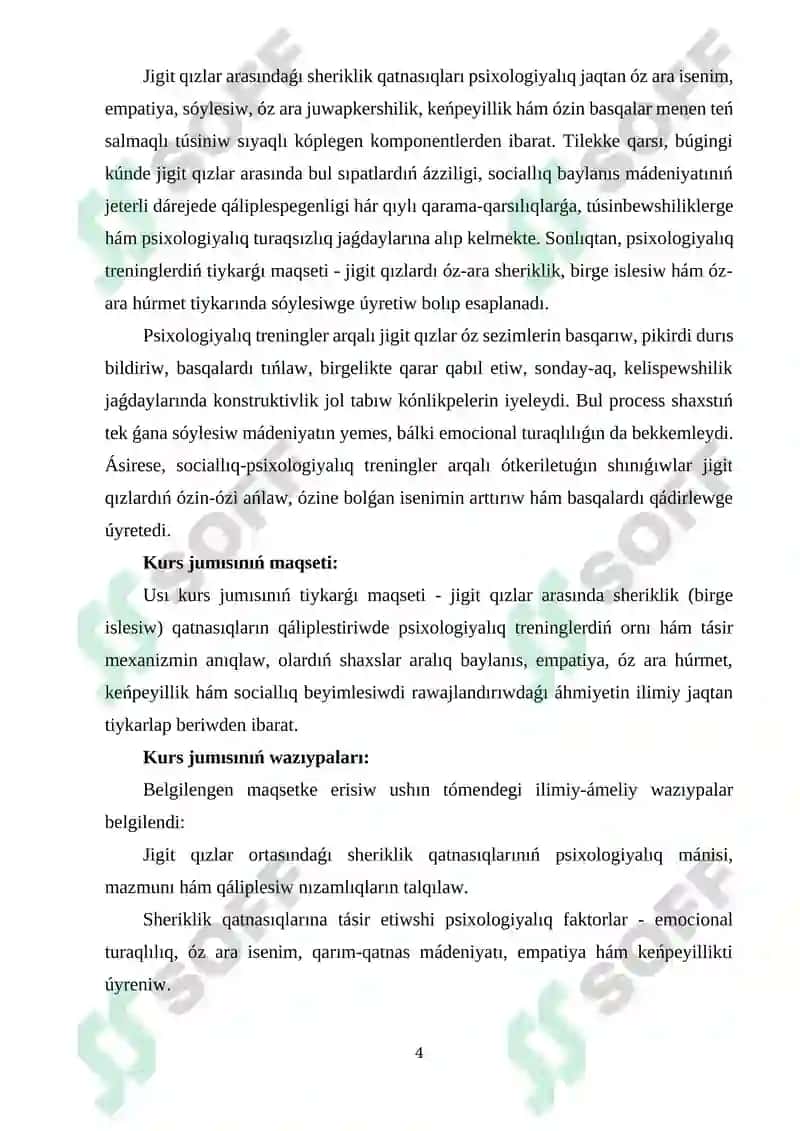 Jigit qızlar arasında sheriklik qatnasıqların qáliplestiriwde psixologiyalıq treningniń ornı 4