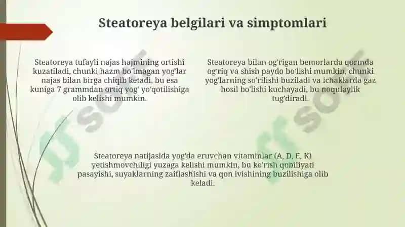 Xolesistetlarda yogʻlar hazmlanishini buzilishi (sterotorea) 4