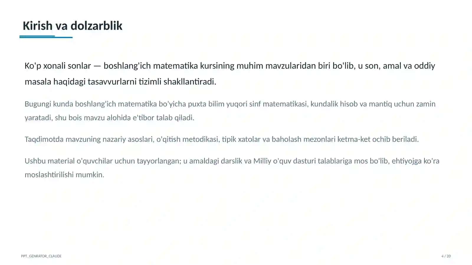 Ko'p xonali sonlar (4-sinf) Boshlang'ich sinf: Matematika (1– 4) — o'quvchilar uchun 4