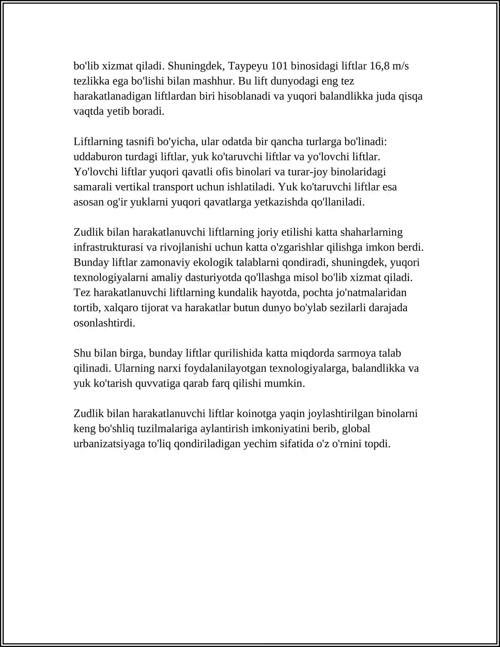 PASSAJIR TASHIYDIGAN LIFTLAR HARAKAT TEZLIGIGA KO'RA QANDAY TURLARGA BO'LINADI 4