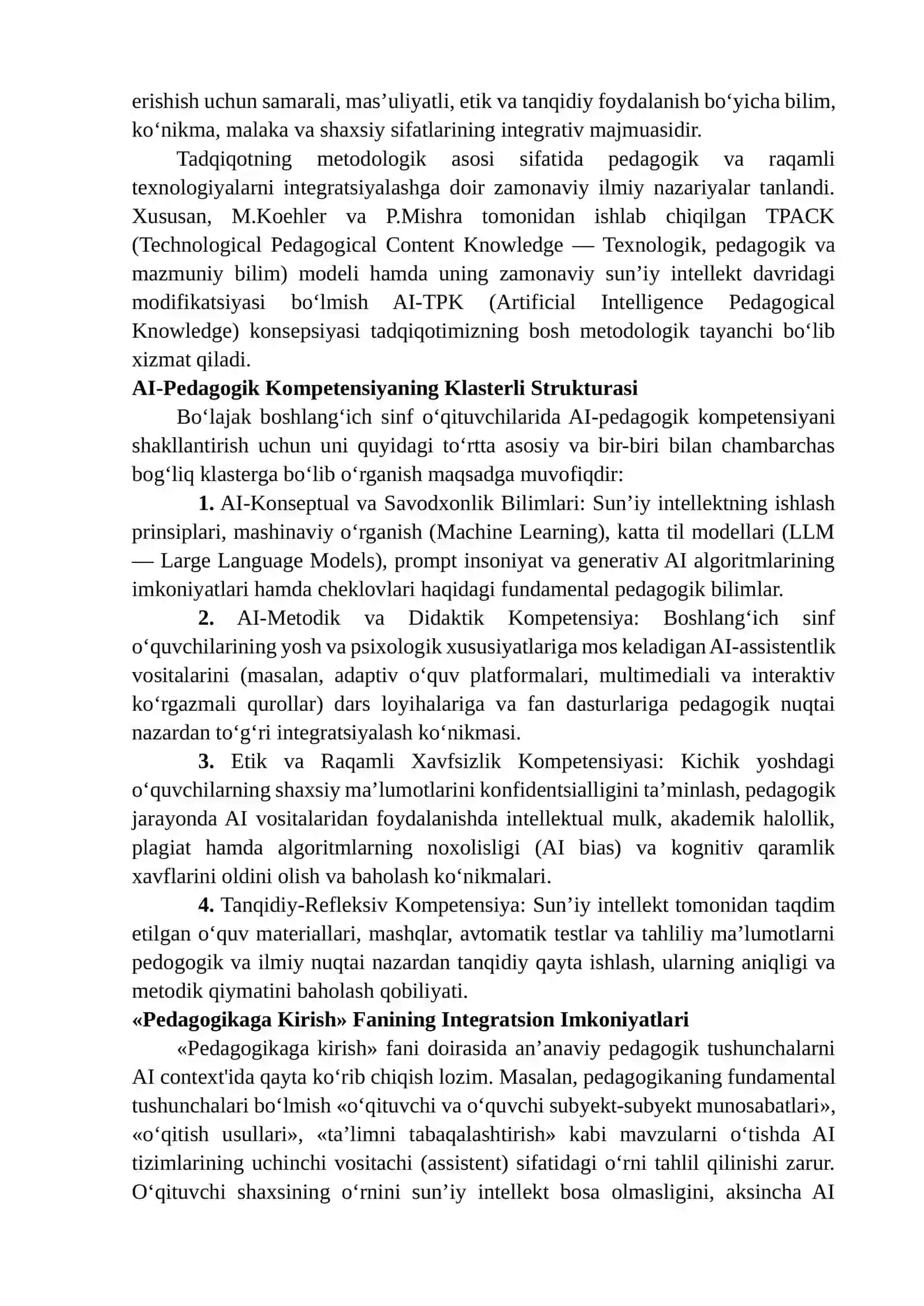 Boshlang‘ich ta’limda «Pedagogikaga Kirish» fani vositasida bo‘lajak o‘qituvchilarda AI-Pedagogik kompetensiyani shakllantirish muammolari va strategiyalari 4