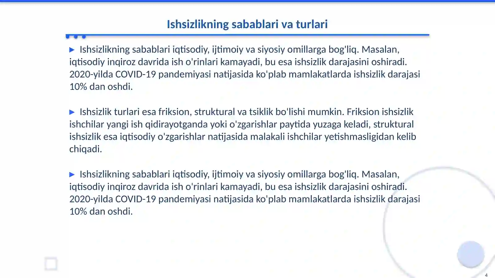 Iqtisodiy tebranishlar. Ishsizlik va mehnat bozori 4