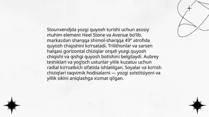 Stounxendj astronomik qurilmalarining qoldiqlari (Angliya) Qóy qirilgan qala (Xorazm) astronomik rasadxonasi 4 asr qadimgi Xitoy, Misr, Gretsiyada astronomiya 4