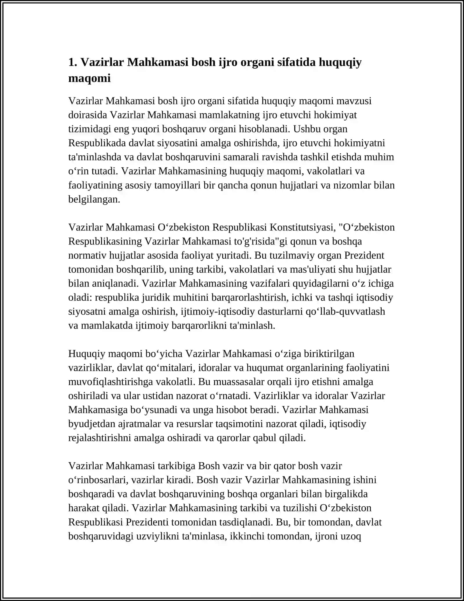 Mustaqil ish: VAZIRLAR MAHKAMASI BOSH MAMURIY HUQUQNING BOSH IJRO ORGANI SIFATIDA 4