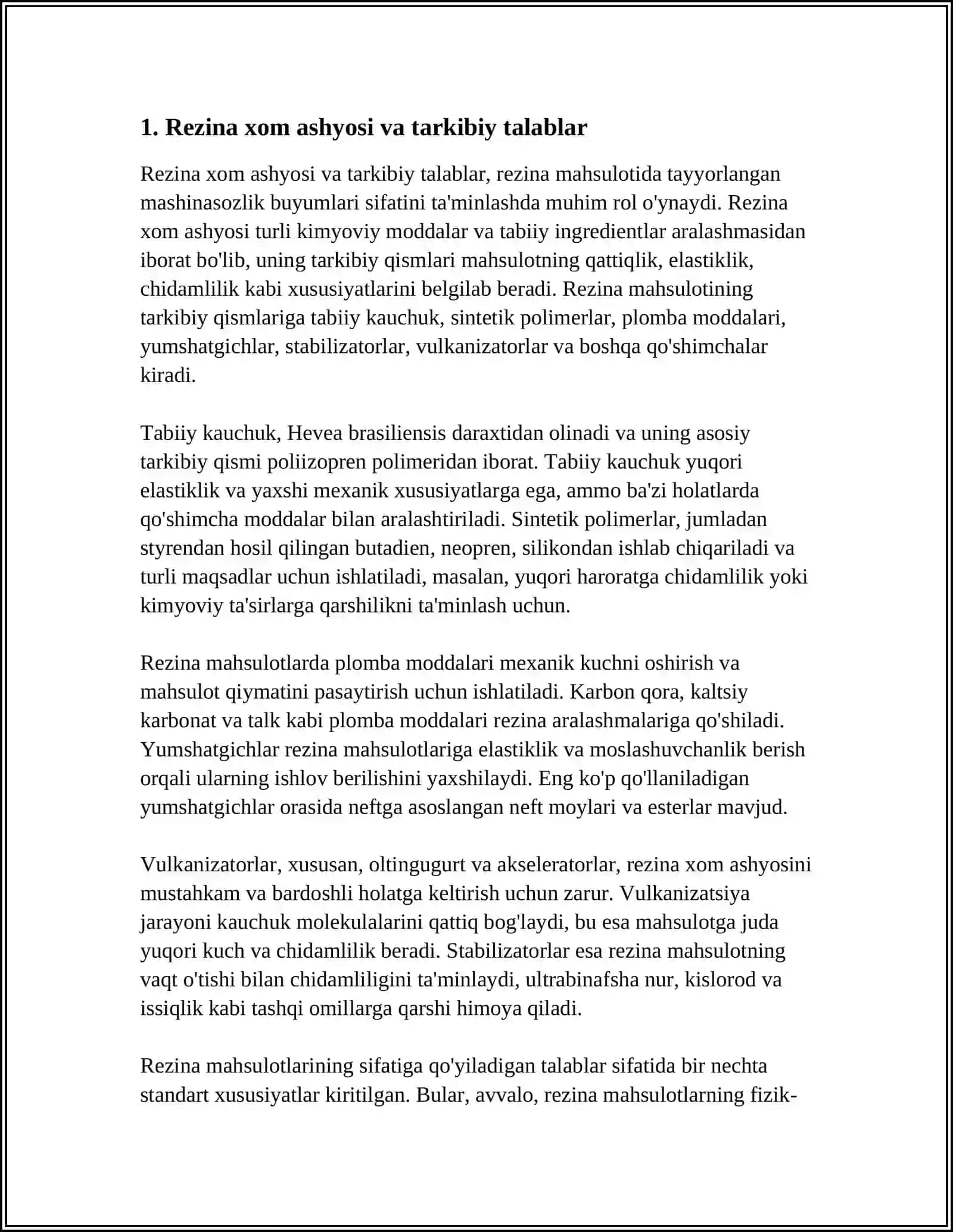 REZINA MAHSULOTIDA TAYYORLANGAN MASHINASOZLIK BUYUMLARI VA ULARNI SIFATIGA QO'YILADIGAN ASOSIY TALABLAR 4