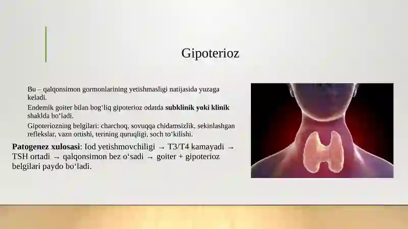 Endemik buqoq va gipoterioz patogenezi va davolash usullari. Buyraklarning kalsiy, fosfor va bikarbonat almashinuvidagi ahamiyati. 4
