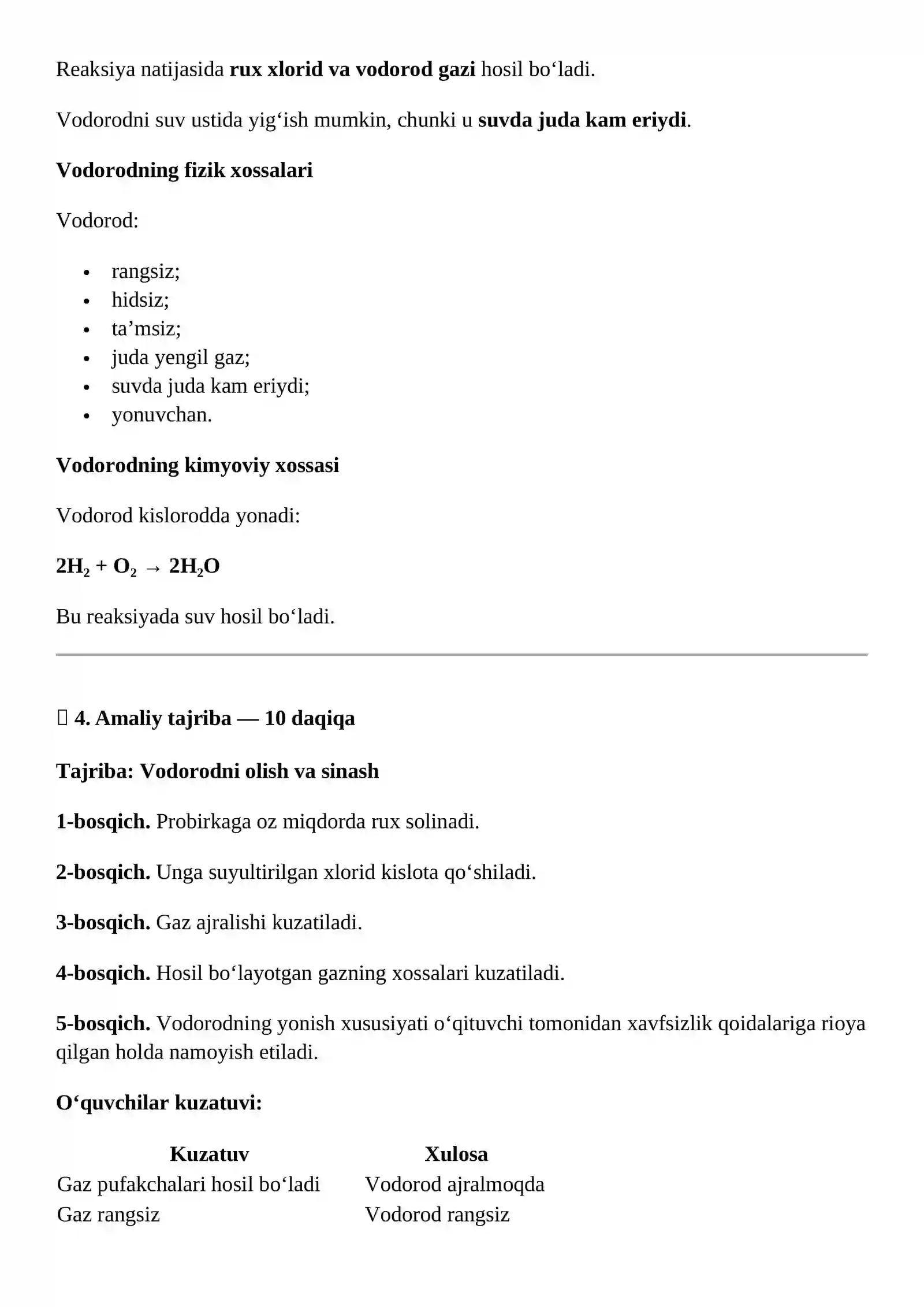 Vodorodning olinishi va uning xossalarini sinash 4