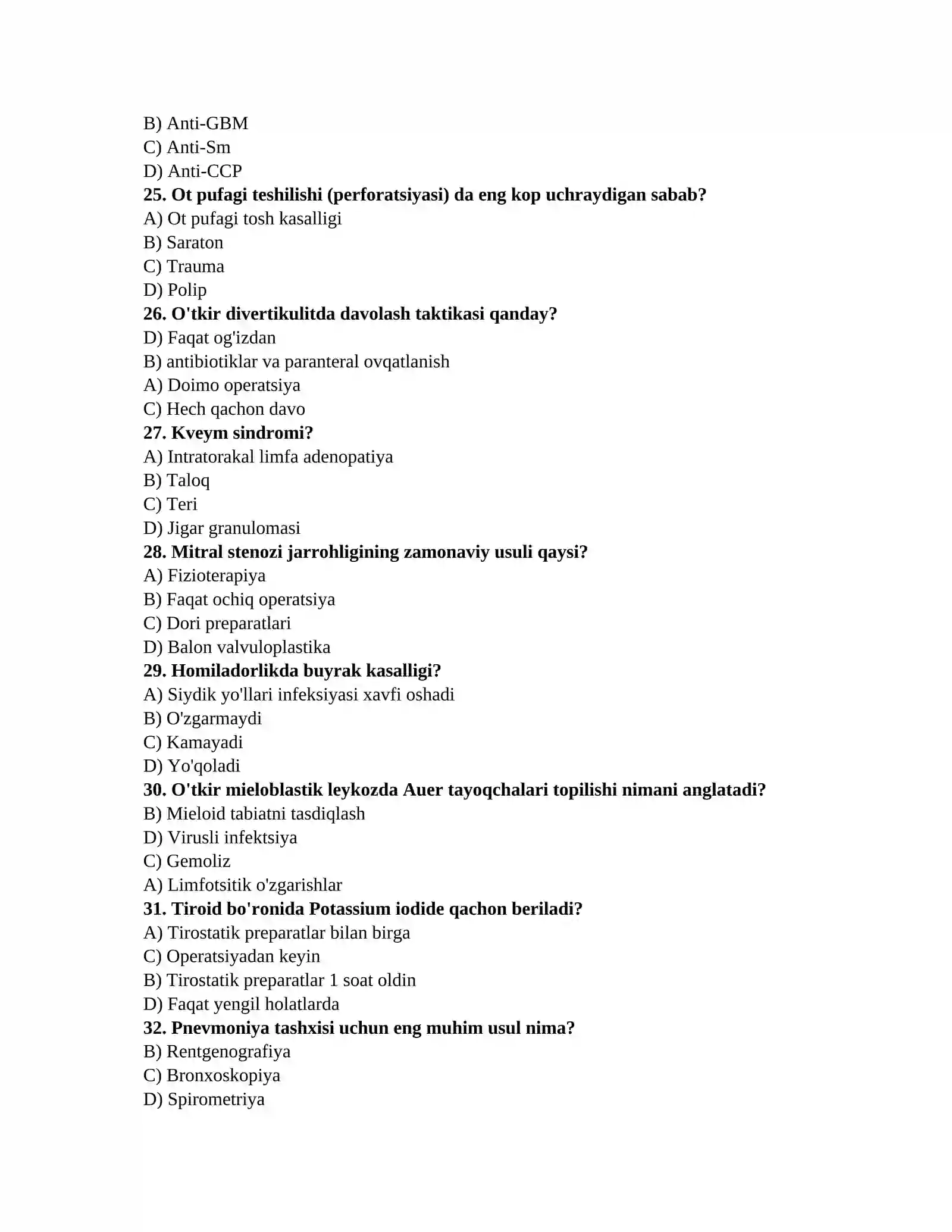 Tibbiy savollar: TAYYORGARLIK TEST TO'PLAMI 4