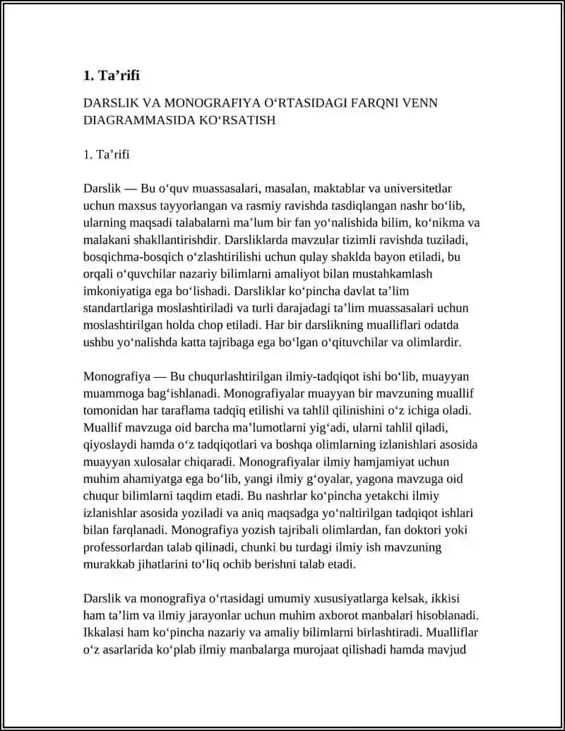 DARSLIK VA MONOGRAFIYA O‘RTASIDAGI FARQNI VENN DIAGRAMMASIDA KO‘RSATING 4