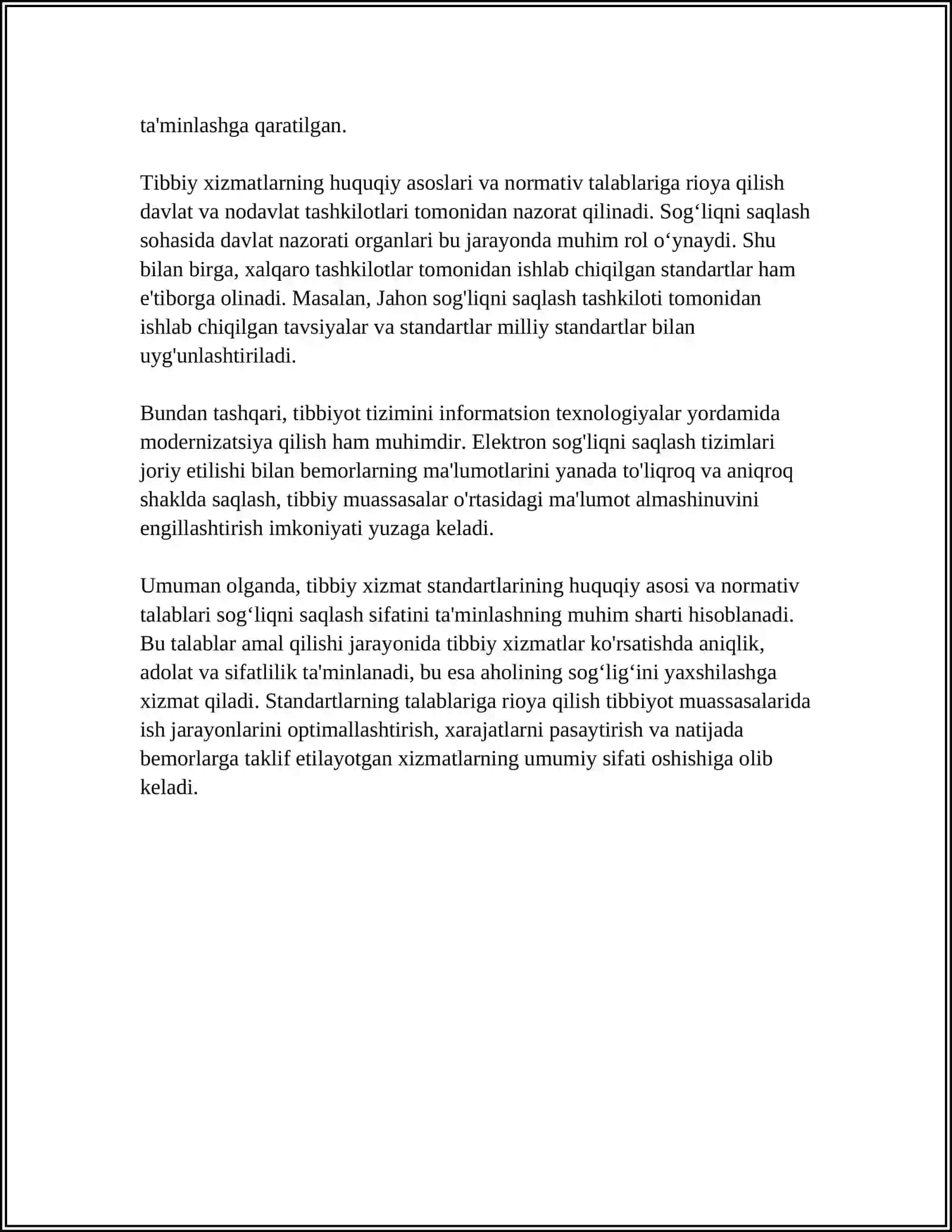 TIBBIY XIZMAT STANDARTLARI VA KÒRSATILAYOTGAN XIZMATLARNI BAHOLASH 4