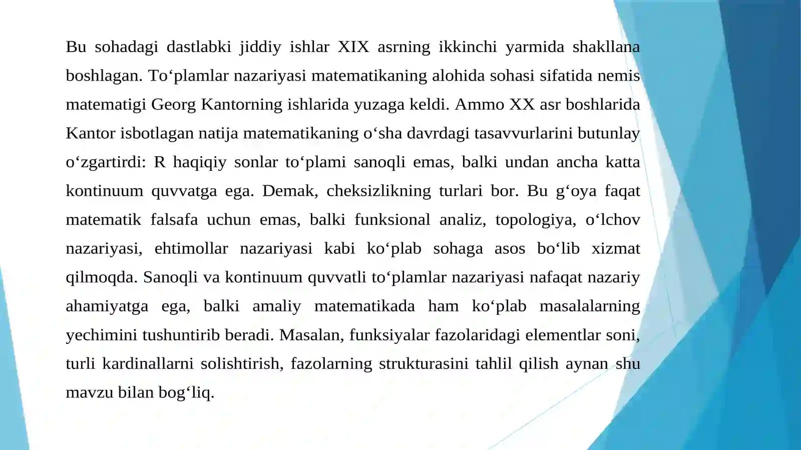 MATEMATIK ANALIZ FANIDAN SANOQLI VA KONTINUUM QUVVATLI TO'PLAMLAR 4
