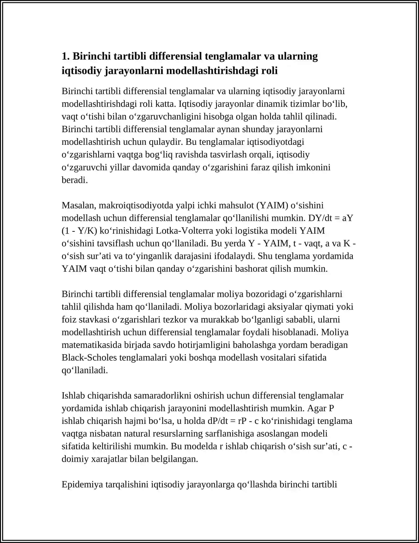 IQTISODIY JARAYONLARNI MATEMATIK MODELLASHTIRISHDA DIFFERENSIAL TENGLAMALARDAN FOYDALANISH 4