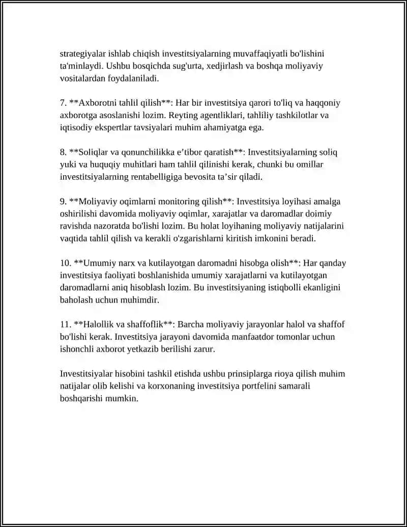 INVESTITSIYALAR HISOBINI TASHKIL QILISH. INVESTITSIYALARNI TURKUMLASH 4