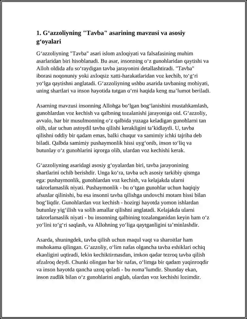 GʻAZZOLIYNING TAVBA ASARINI MUHOKAMA QILISH VA TALABALARNING OʻZ FAOLIYATIDAGI MAVJUD MUOMMOLARNI ANIQLASH HAMDA OʻZIGA BAHO BERUVCHI ESSE TAYYORLASH 4
