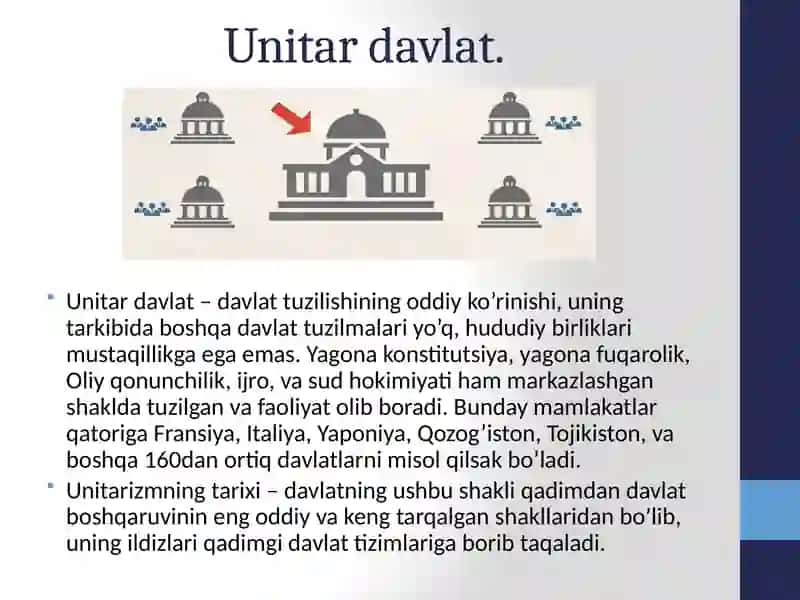 Davlatning ma’muriy-hududiy tuzilishi unitarizm, federalizm, konfederatsiya 4