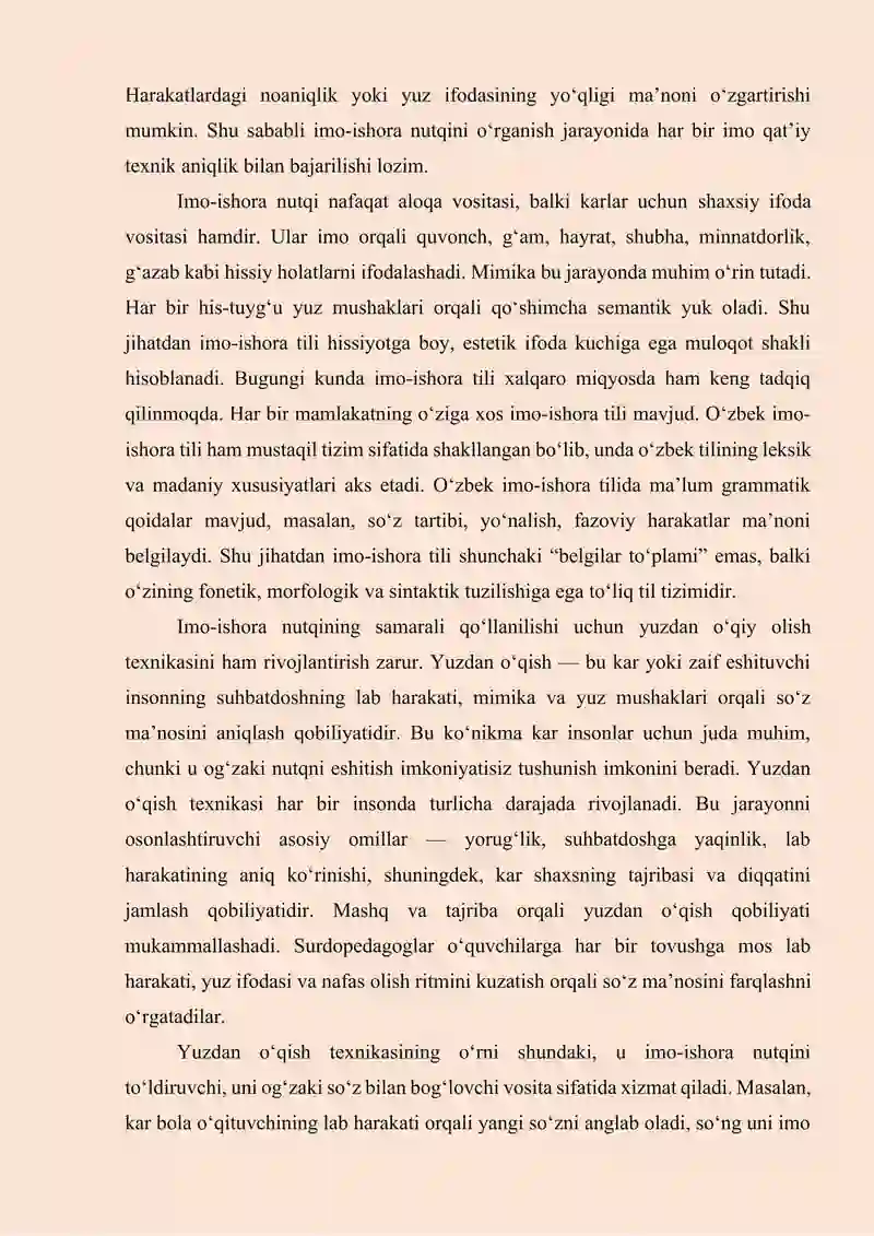 Eshituvchilar va karlar orasida muloqot vositasi sifatida imo-ishora nutqi va uning texnikasi, yuzdan o‘qiy olish imkoniyatining tutgan o‘rni 4