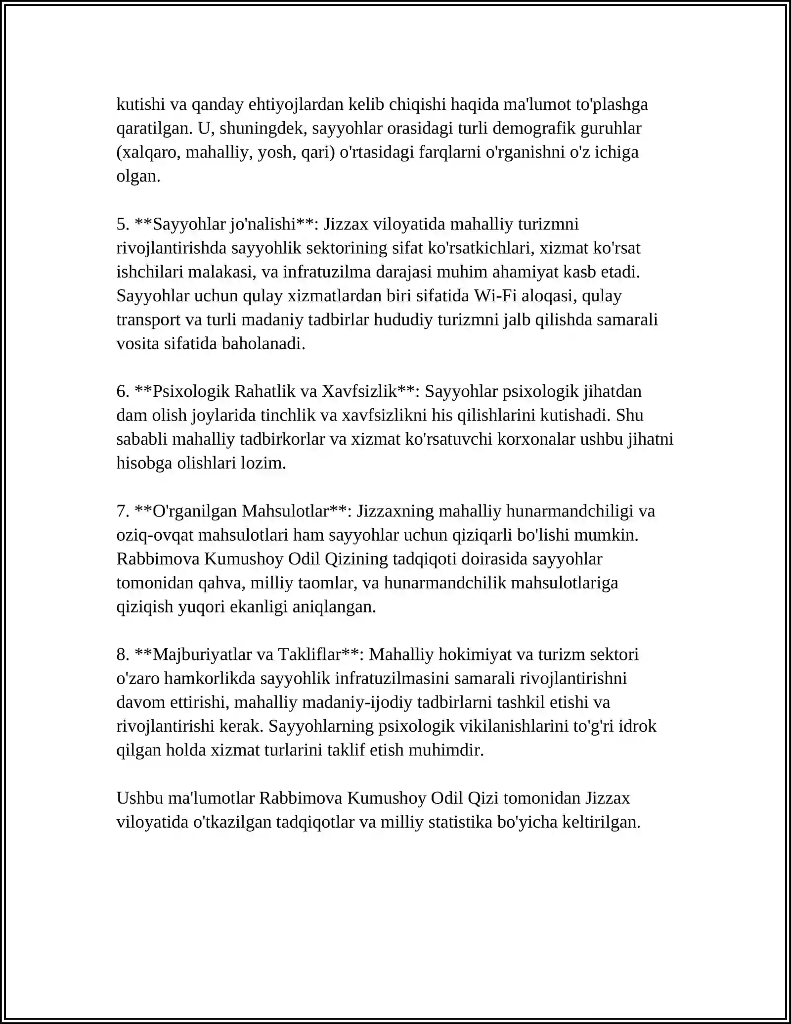 MIRZO ULUG'BEK NOMIDAGI O'ZBEKISTON MILLIY UNIVERSITITETI JIZZAX FILLIALI PSIXALOGIYA FAKULTETI TURIZM YO'NALISHI TALABASI RABBIMOVA KUMUSHOY ODIL QIZI 4
