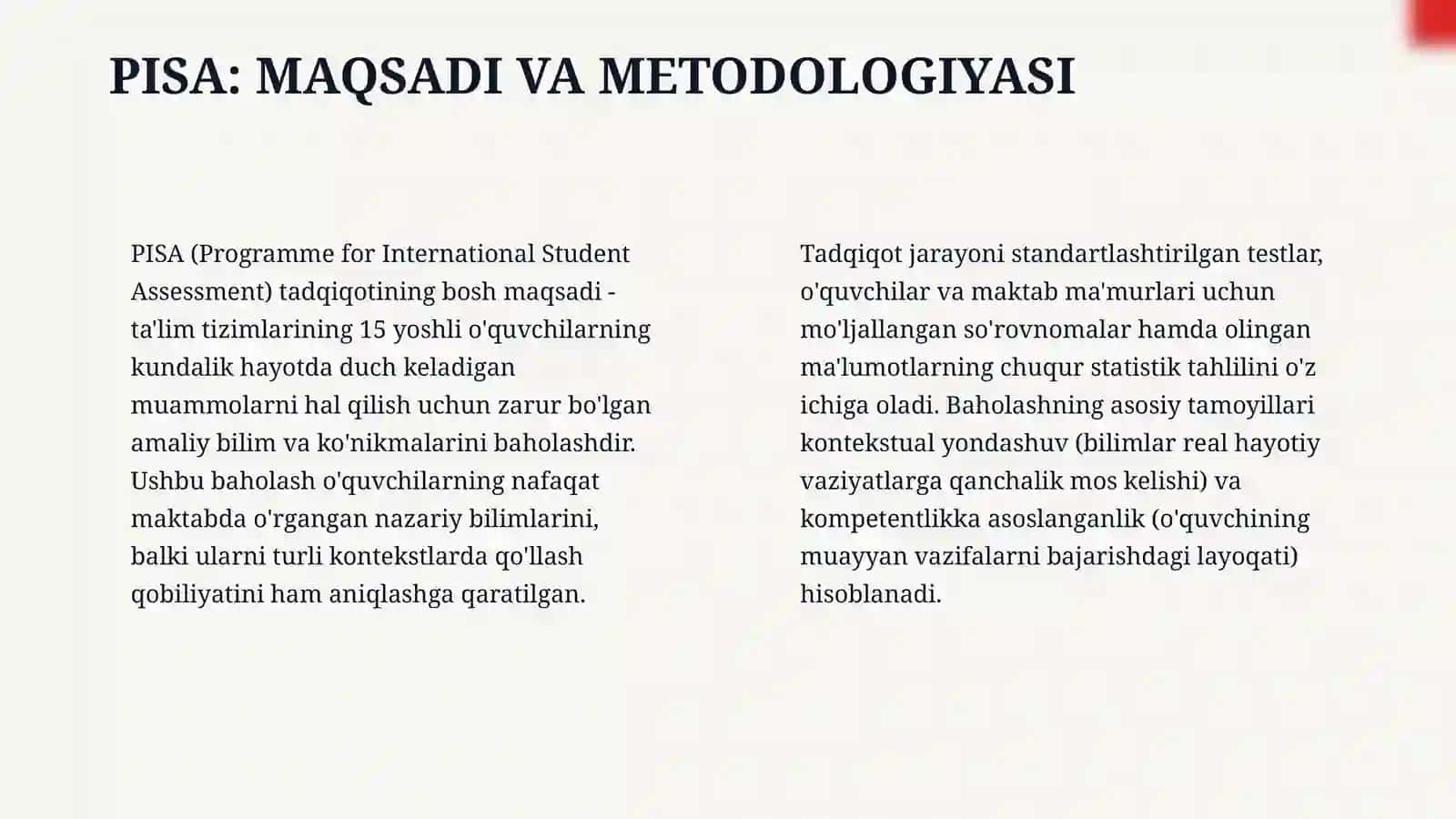PISA xalqaro baholash mazmun mohiyati 4