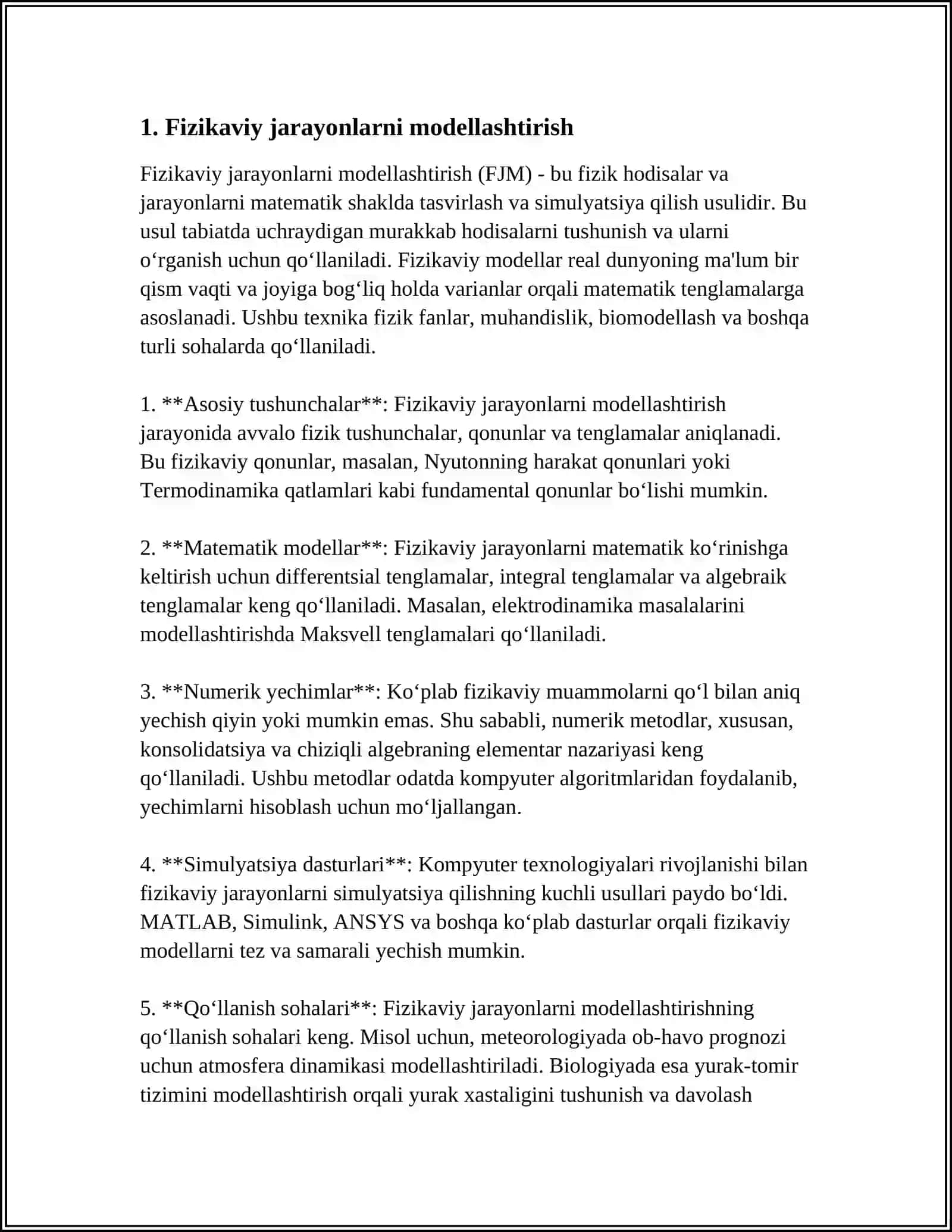 FIZIK VA MATEMATIK MODELLASHTIRISH, OLINGAN NATIJALAR ASOSIDA PROGNOZ QILISH 4