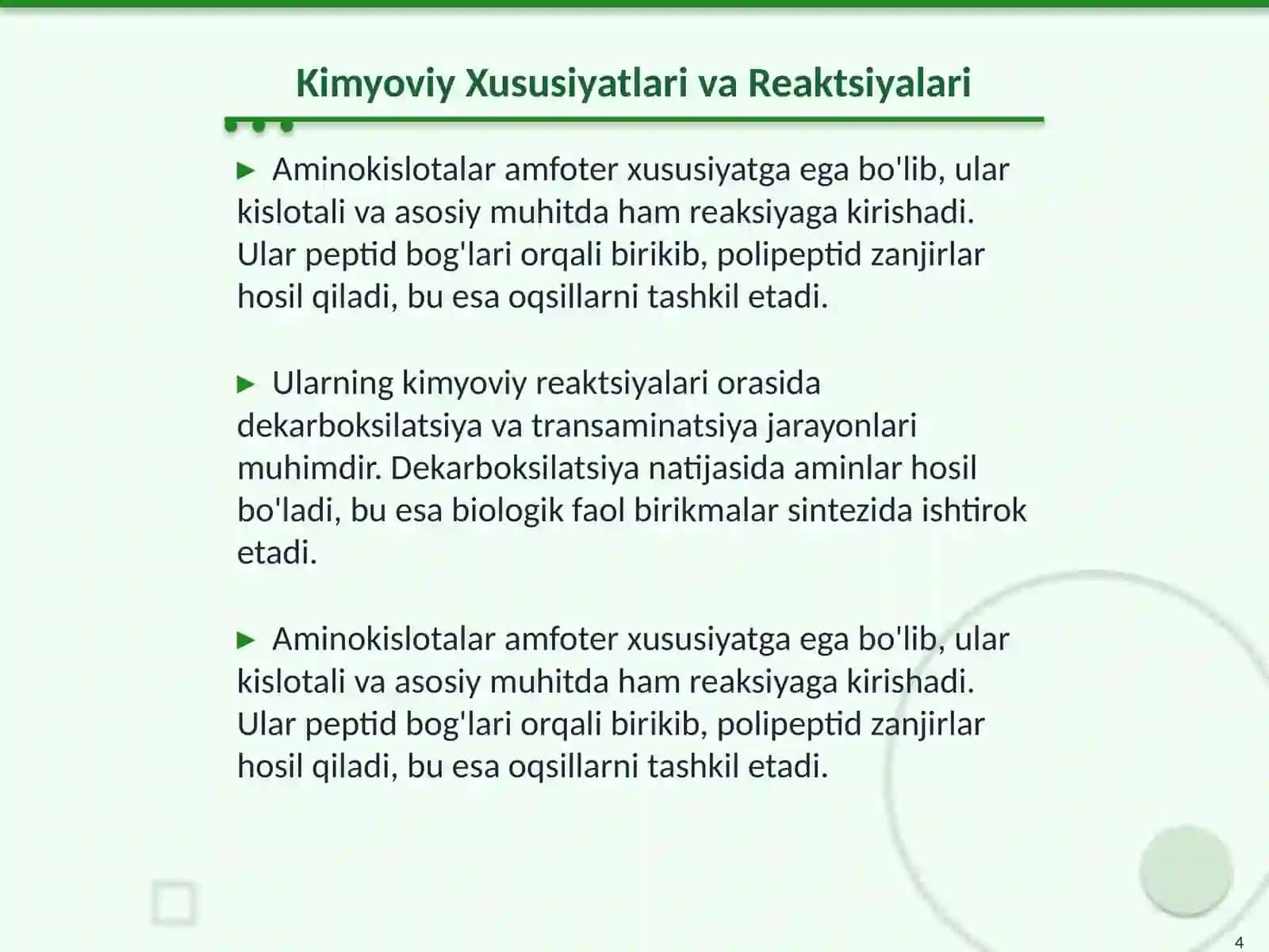Aminokislotalarning kimyoviy va tibbiy - biologik xossalari 4