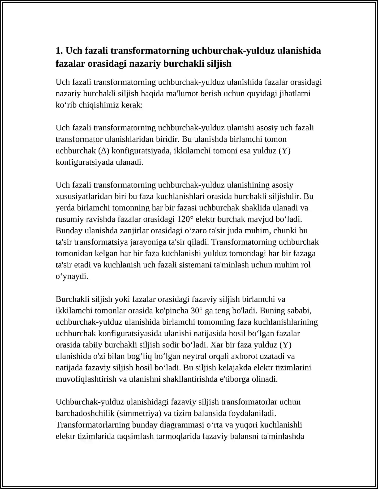 UCH FAZALI TRANSFORMATORNING UCHBURCHAK-YULDUZ ULANISHIDA FAZALAR ORASIDAGI BURCHAKLI SILJISH 4