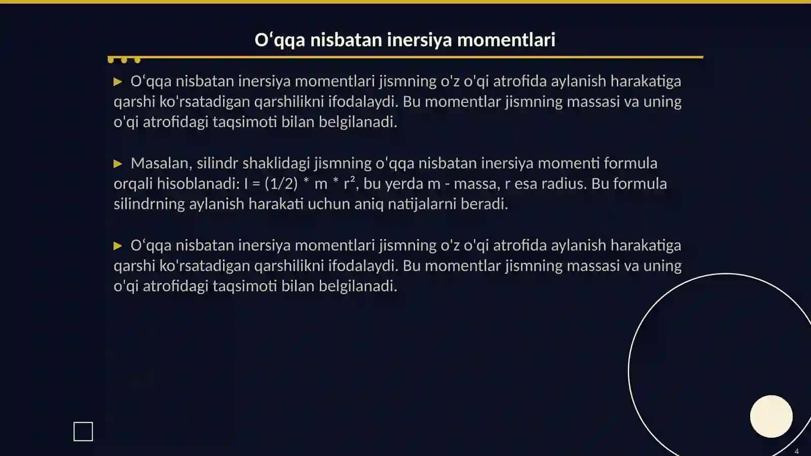 Qattiq jismning inersiya momentlari (oʻqqa nisbatan va aralash) 4