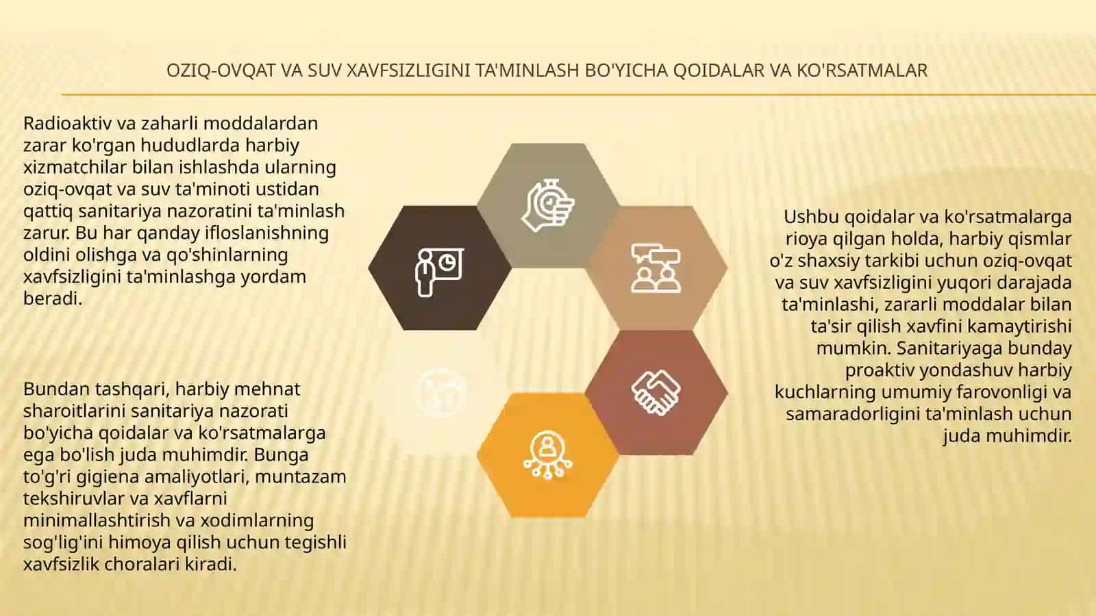 Radioaktiv modda va zaharli modda bilan zararlangan hududda harbiy xizmatchilarni ovqatlantirish va suv ta'minoti sanitarnazorati. Harbiy mehnat sharoitlarining sanitarnazorati 4