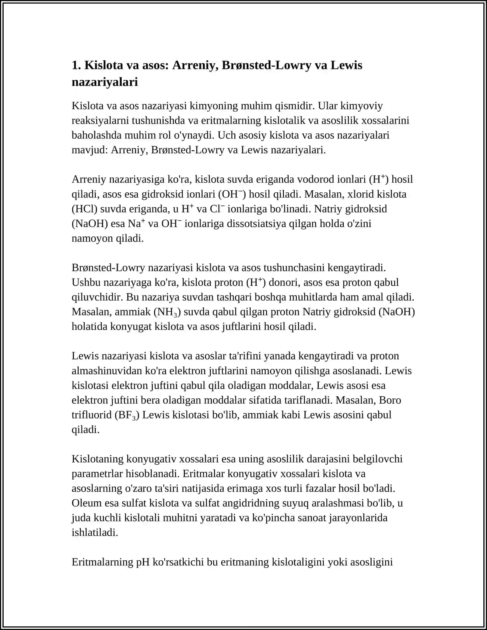 KISTOLA, ASOS NAZARIYASI.PH KORSATKICHI. ERITMALARNING KONYUGATIV XOSSALARI.OLEUM 4